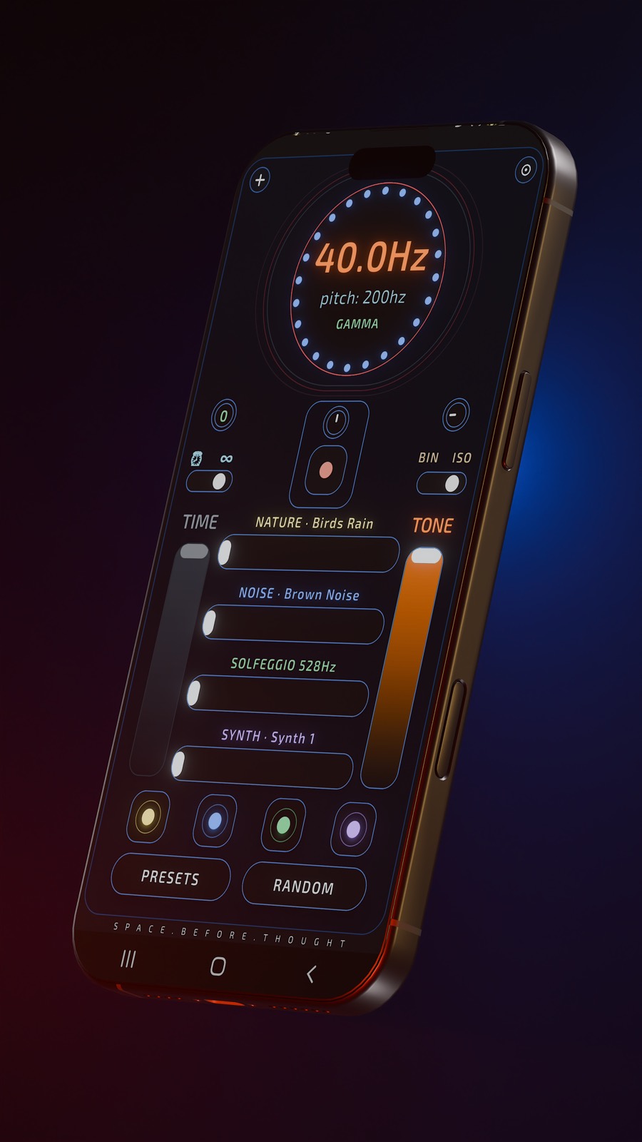 Space Before meditation app preview for creating sleep sounds and meditation sessions.