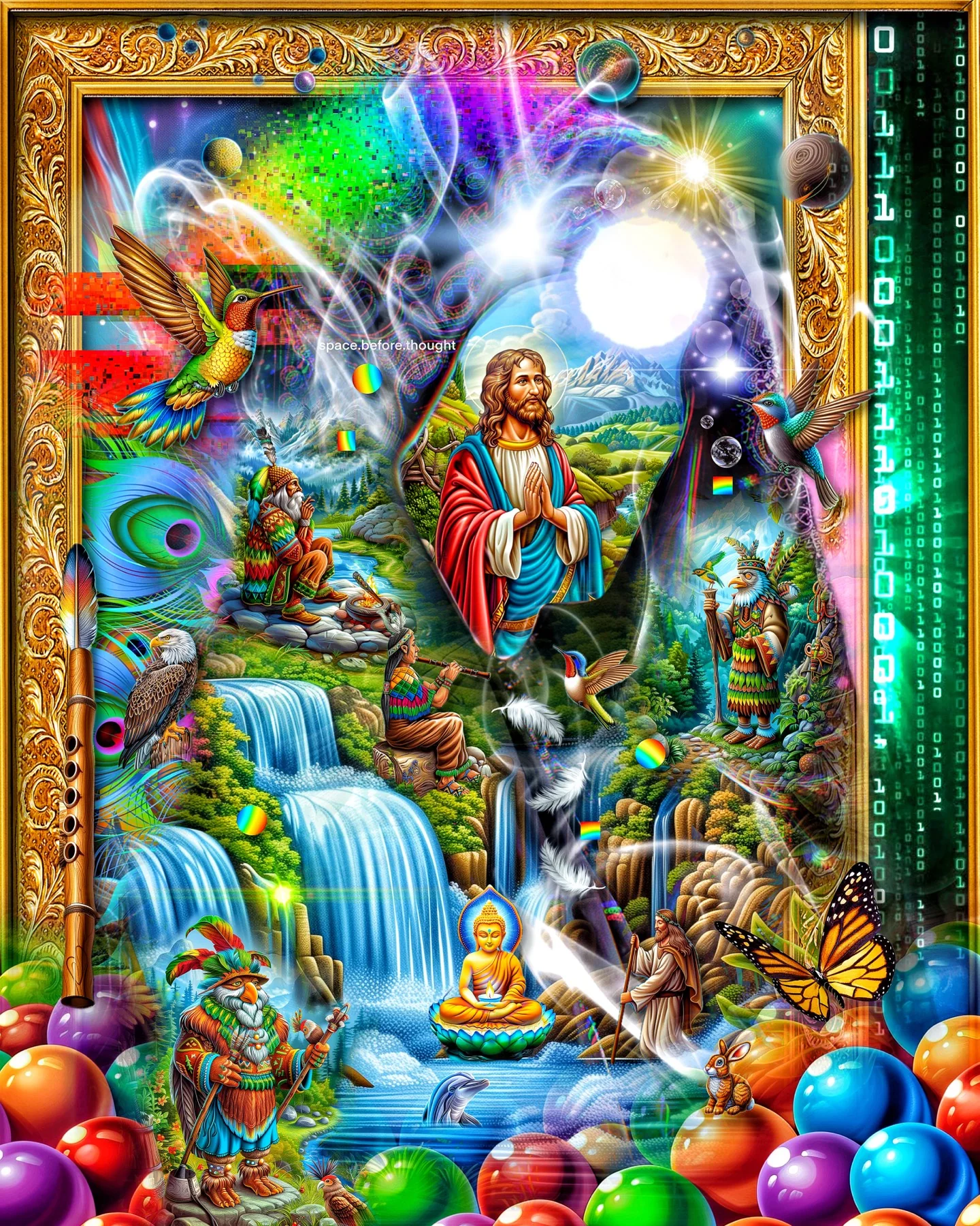 Alpha Omega mystical digital collage print with sacred figures, luminous symbols and a framed visionary composition.