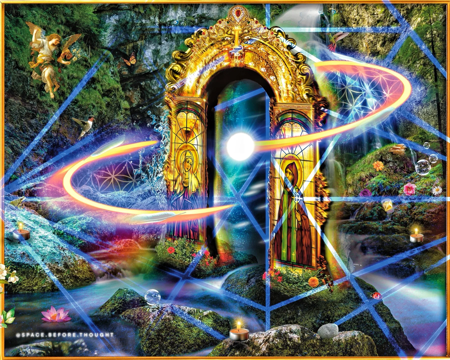 Ancient Structures visionary architecture print with a glowing doorway, mountainous landscape and rainbow light trails.