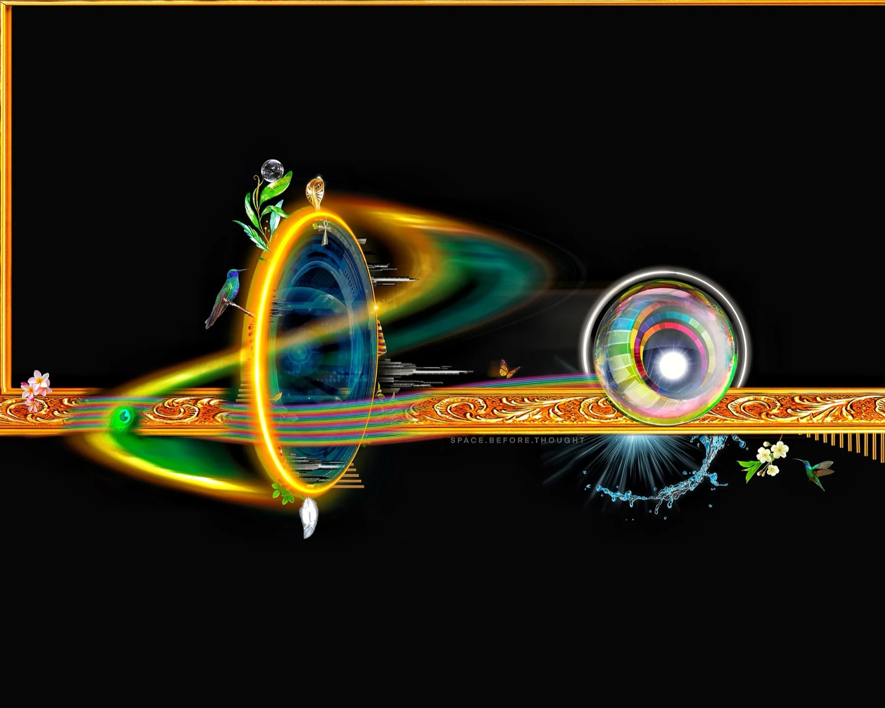 Black fractal psychedelic wall art with a dark field, circular geometry and luminous orbital forms.
