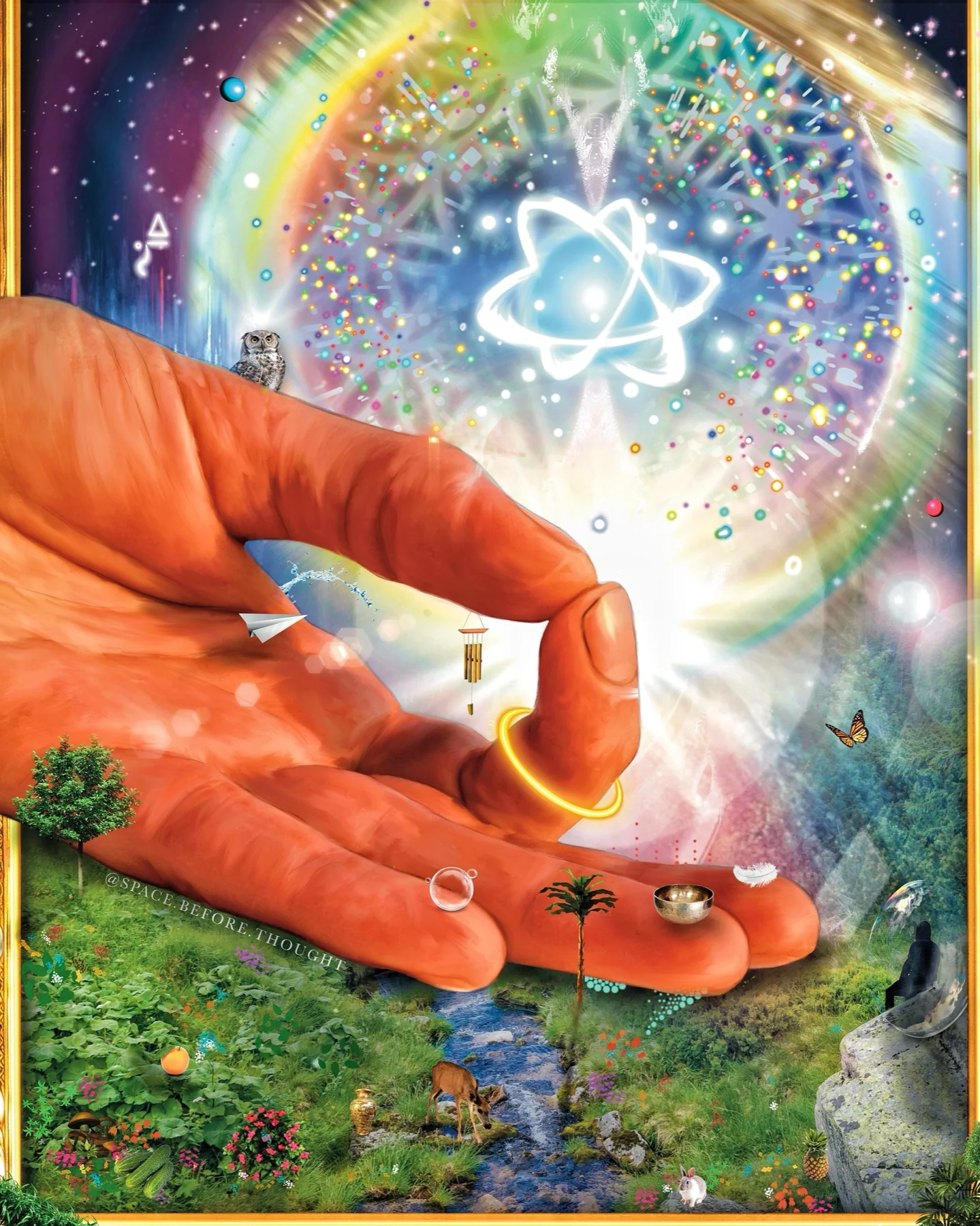 Digital collage artwork showing hands holding a bright light in a forest-like symbolic environment.