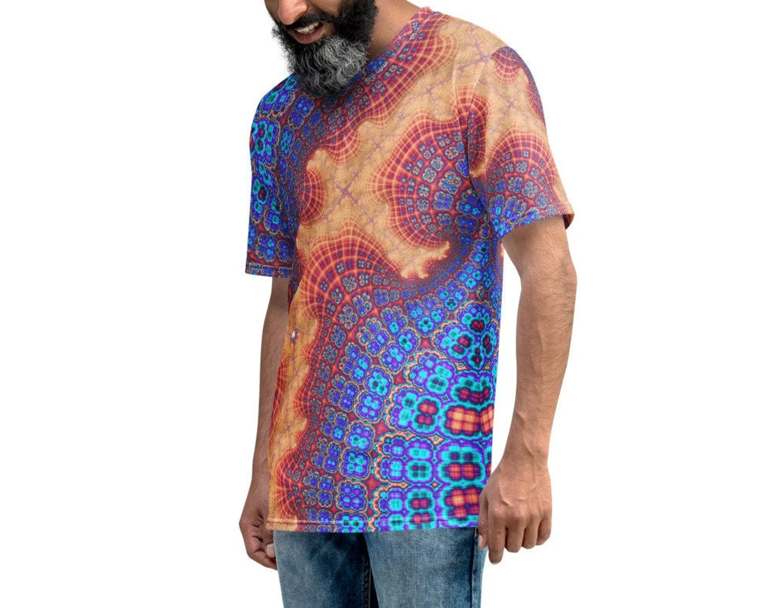 Infinite Fractal Psychedelic T-shirt Etsy listing preview with colourful fractal art.