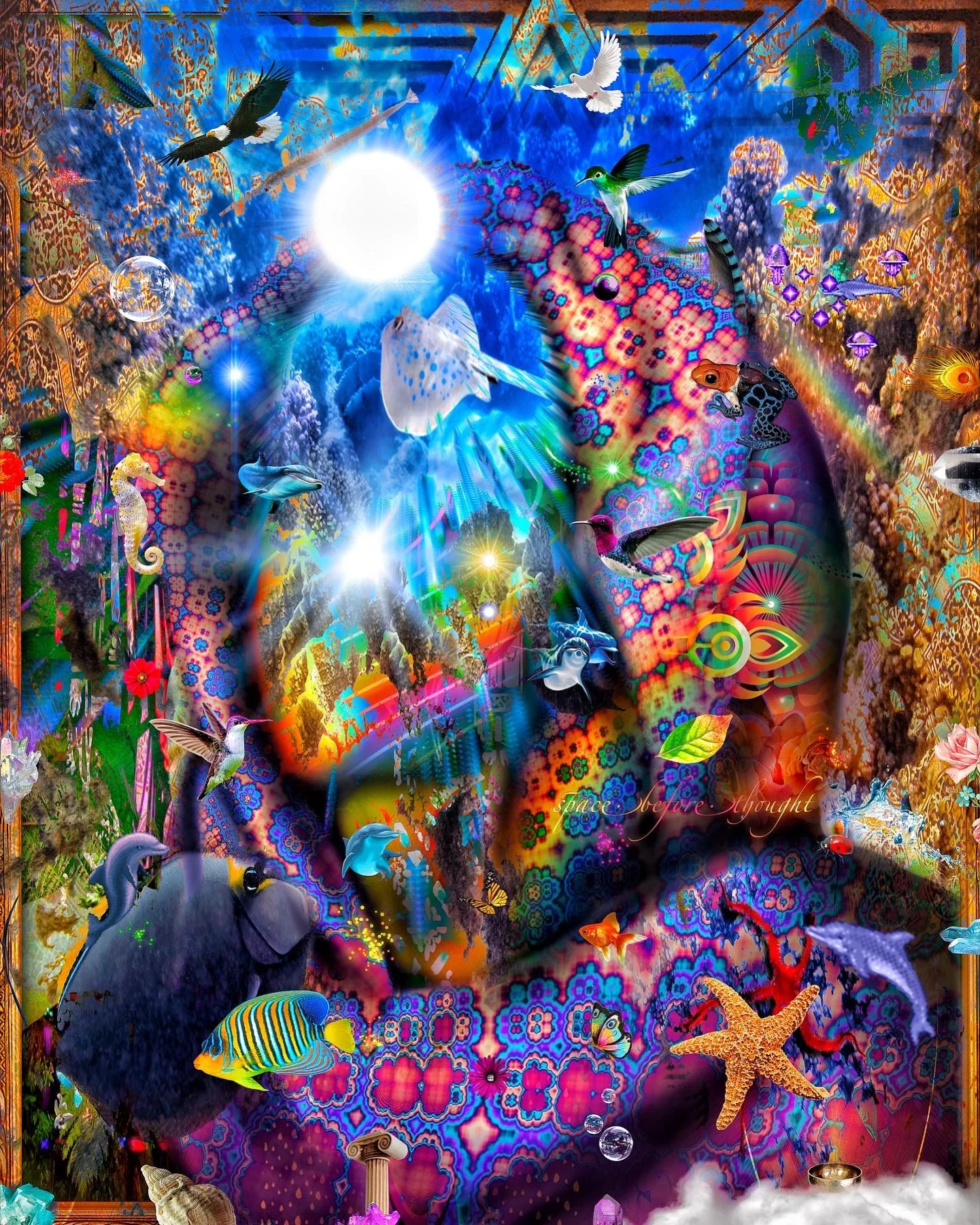 Light Wizardry visionary art print with saturated colour, symbolic objects and a bright central light source.