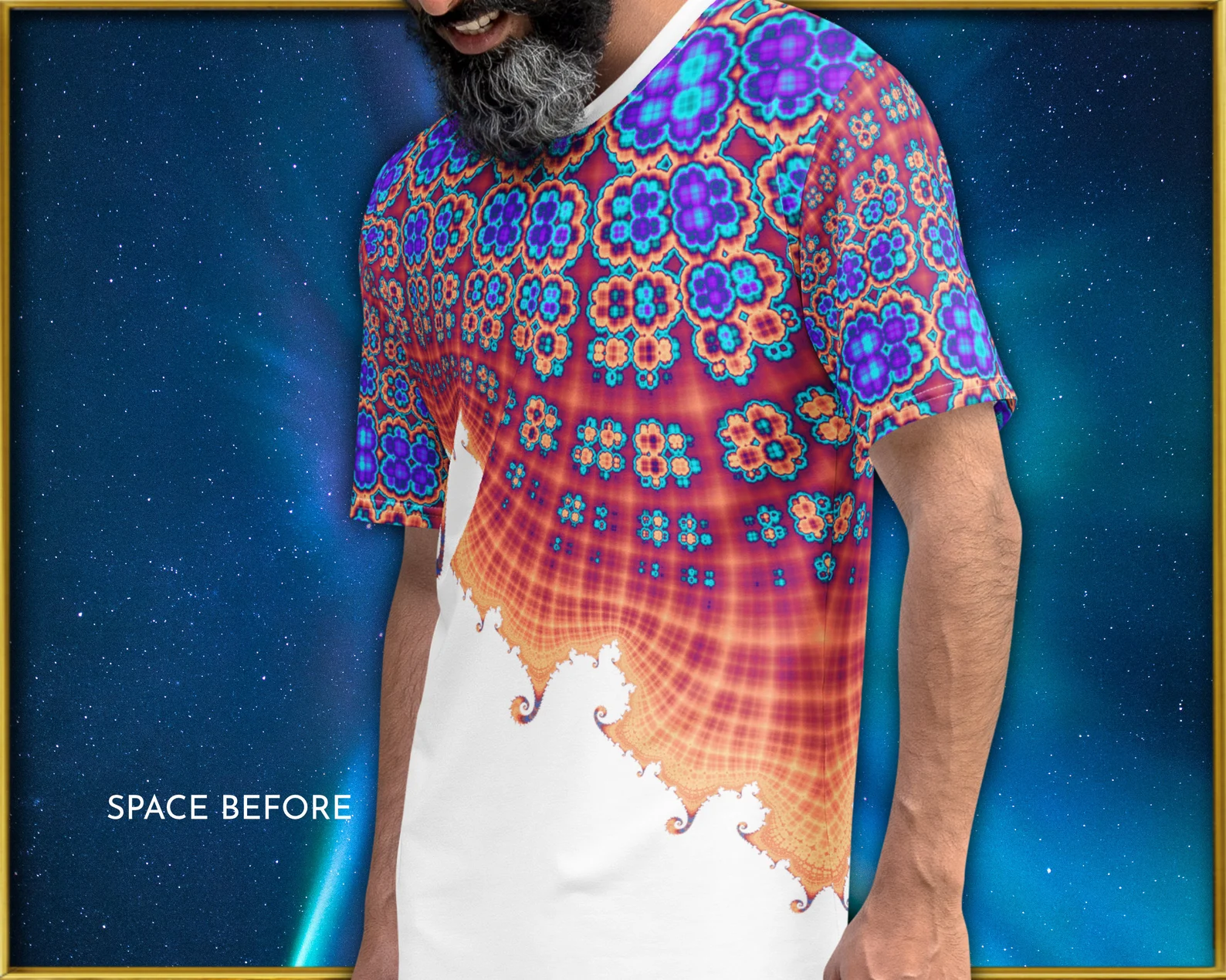 Mandelbrot Set T-shirt Etsy listing preview with fractal psychedelic wearable artwork.