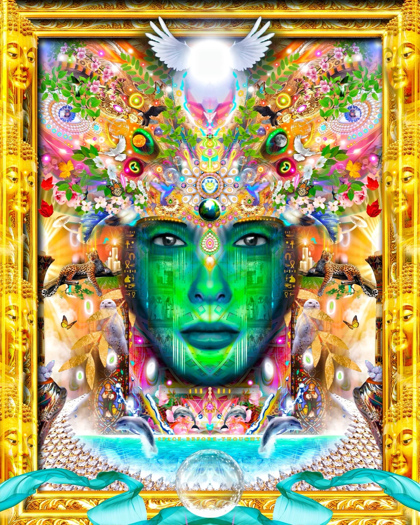 Mystical green face visionary artwork with bright ornamental details, symbolic eyes and layered collage texture.