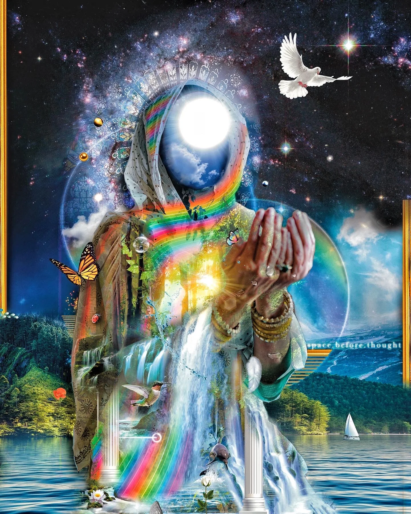 Space Before visionary art print showing a red robed figure beside water beneath a bright circular cosmic light.